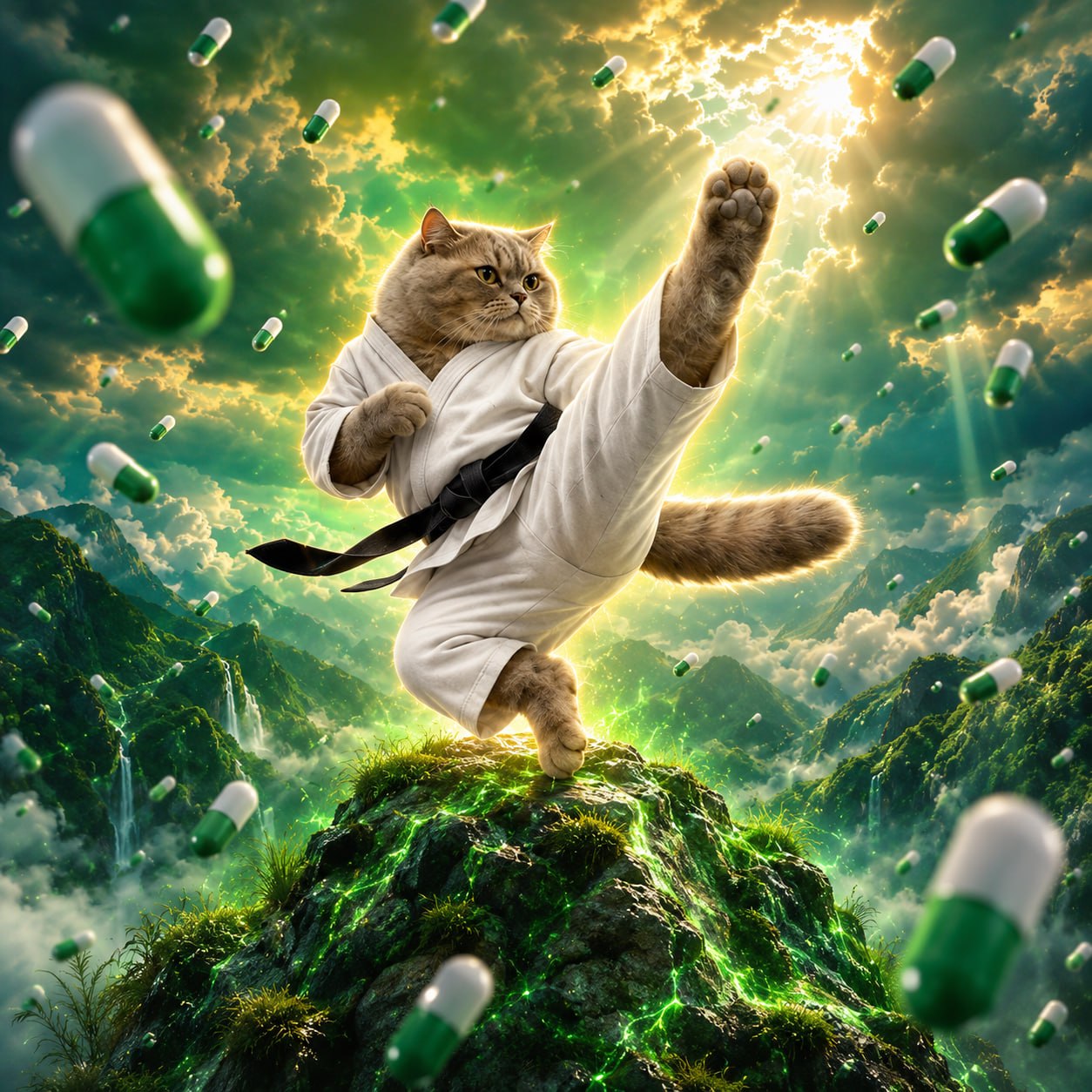 KAT performing a high kick amid glowing green capsules